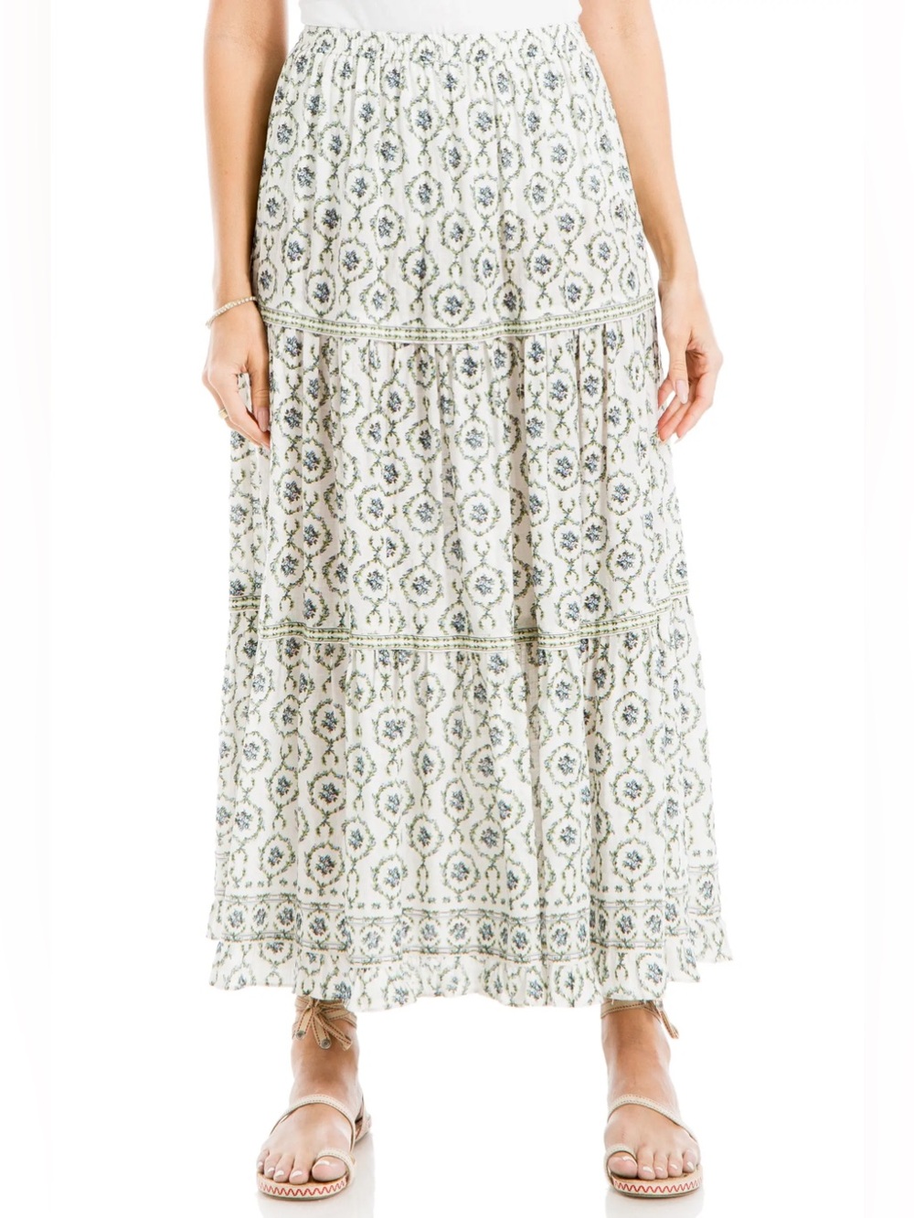 MAX STUDIO Floral Wreath Print Tiered Cotton Blend Maxi Skirt